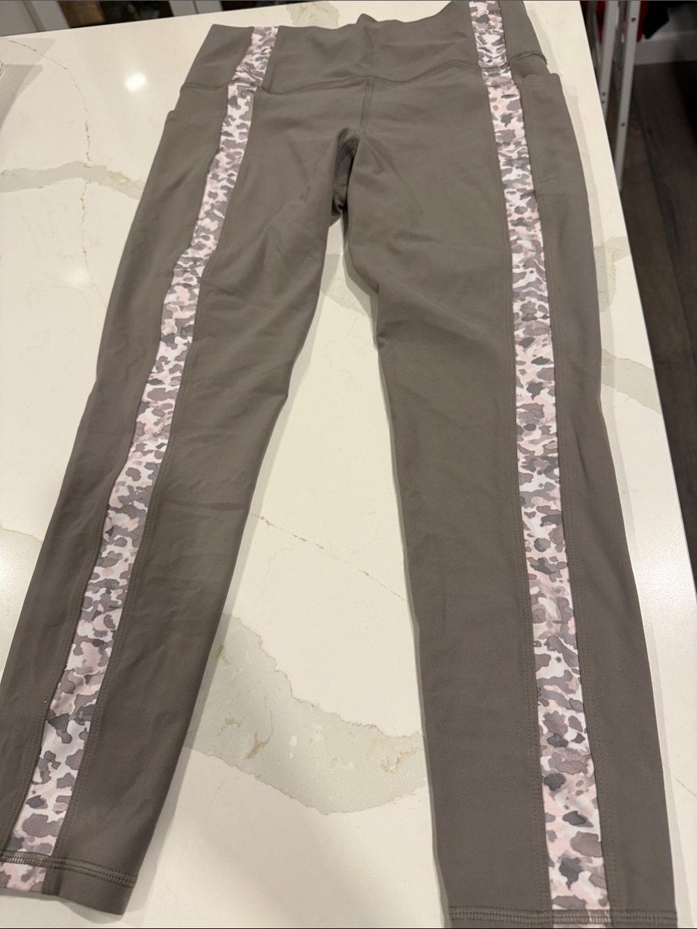 Athleta Taupe Leggings with Pink Camo Side Stripe